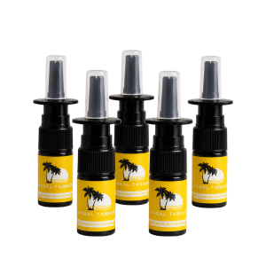 Five black nasal tanner spray bottles with yellow labels.