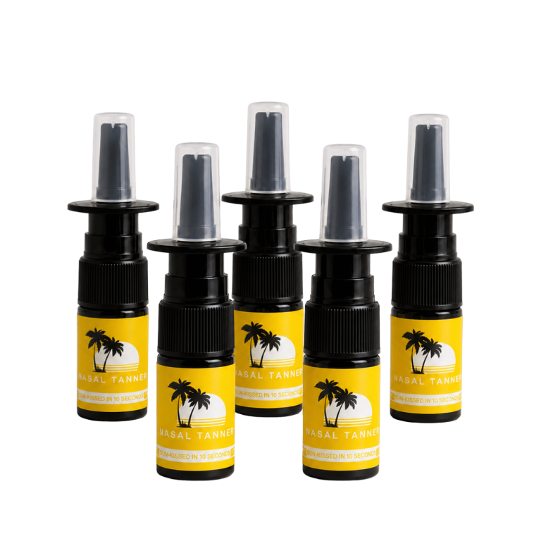 Five black nasal tanner spray bottles with yellow labels.