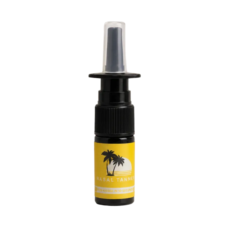 A black bottle of nasal tanner with a yellow label.