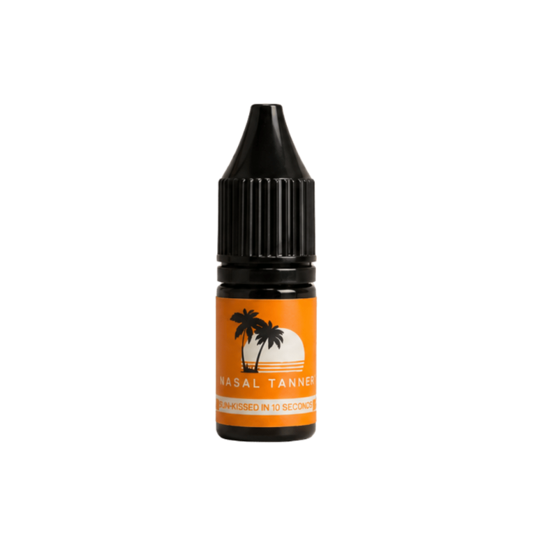 Small black nasal tanner dropper bottle with orange label.