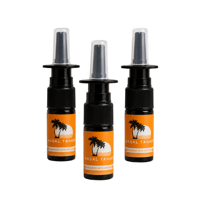 Three black nasal tanner spray bottles with orange labels.