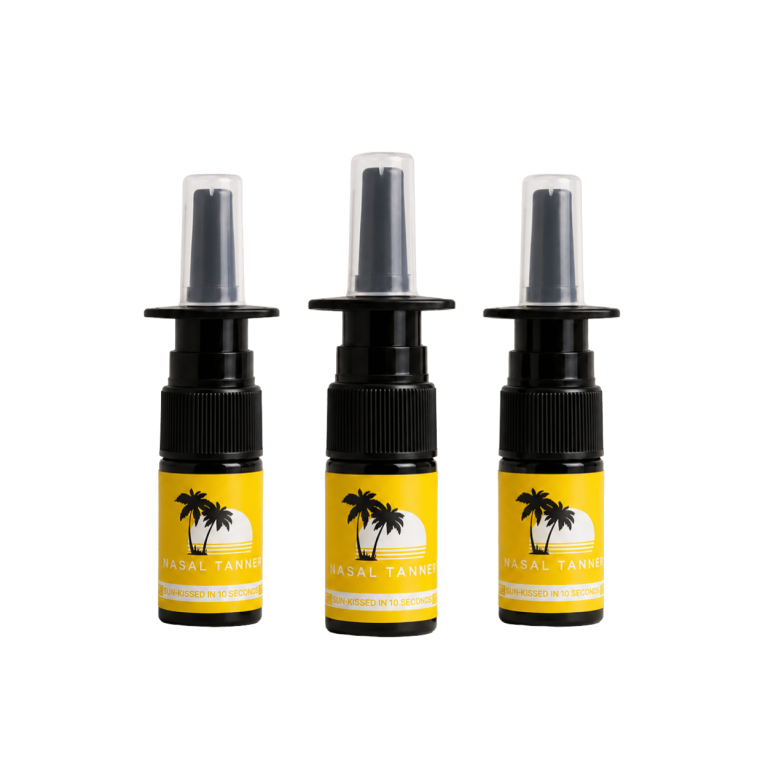 Three black and yellow nasal tanner spray bottles.