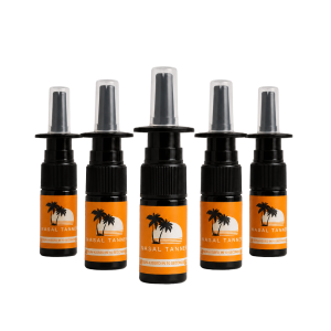 Five Nasal Tanner spray bottles arranged against a black background.
