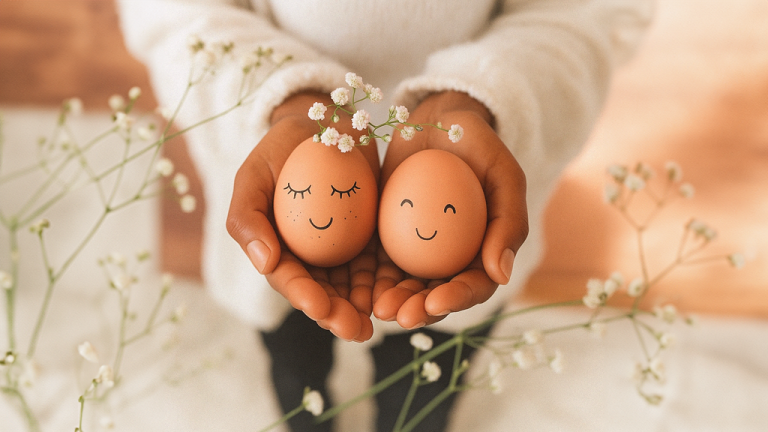 Two brown eggs with smiling faces held in cupped hands.
