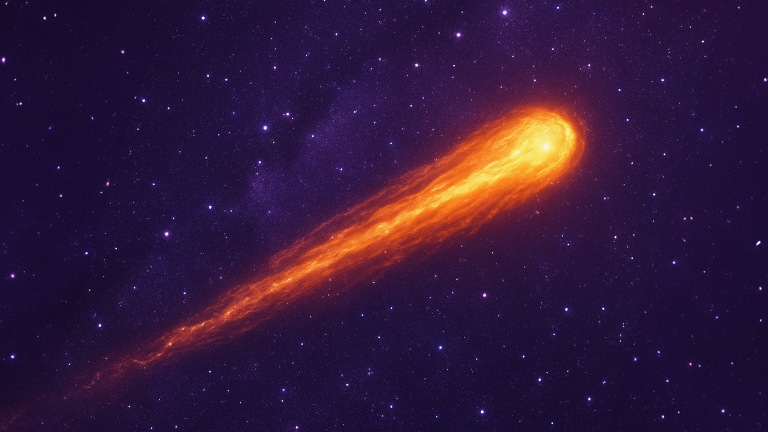 A bright orange comet streaking across a purple starry sky.