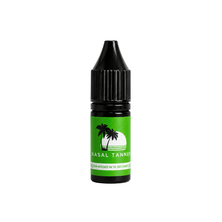 Nasal tanner spray bottle with tropical green and white label.