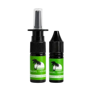 Nasal tanner spray and dropper bottles with green palm labels.